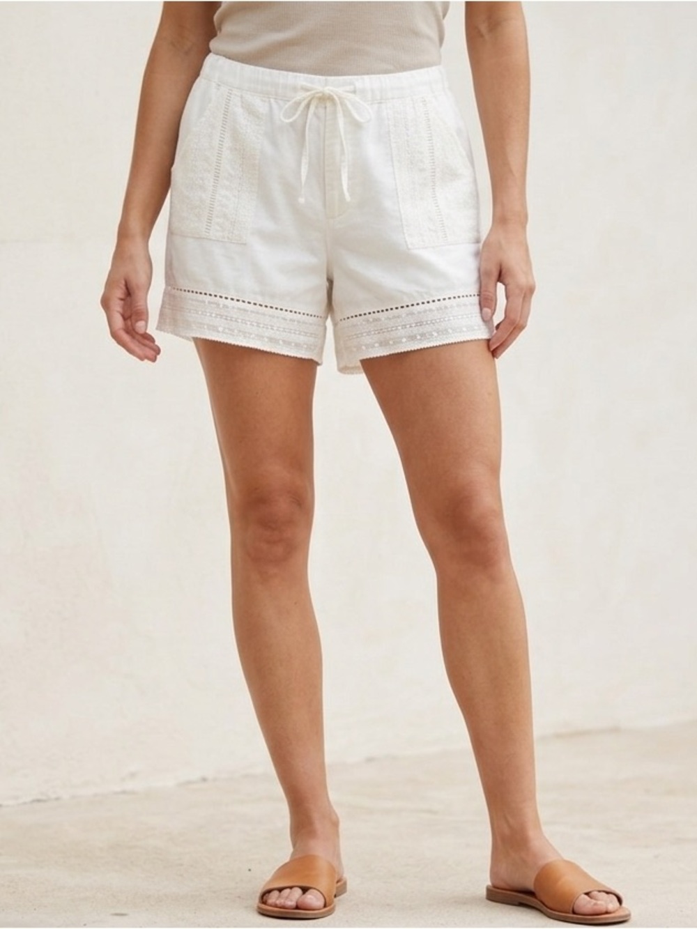 Vintage America White Eyelet Drawstring Shorts Size 14 Lightweight Coastal Style